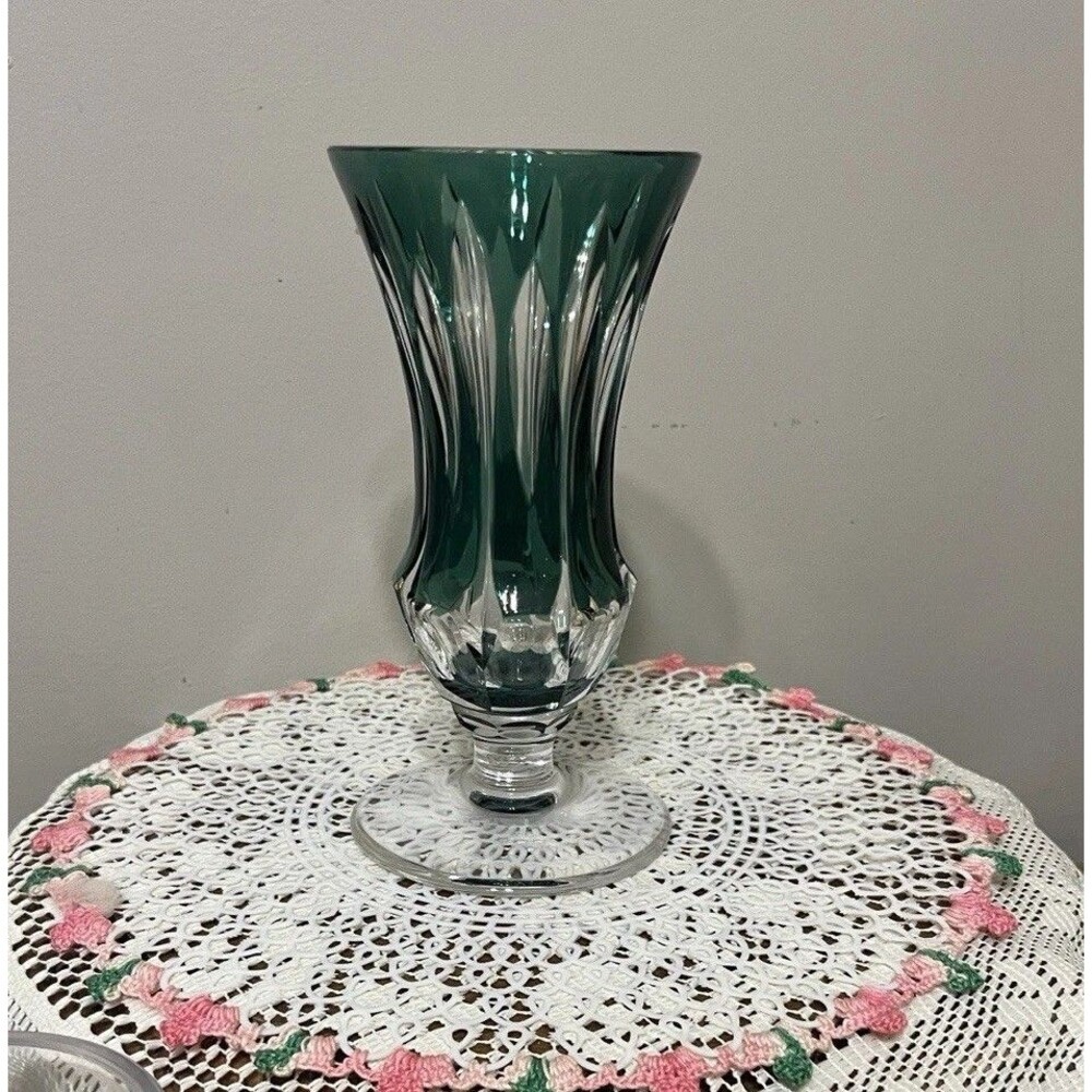 Signed 7" Val Saint Lambert ‘Floriac’ Emerald Cut-to-Clear Crystal Vase